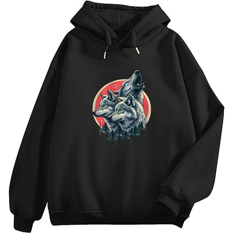Comio Wolf Howling T Shirt Watercolor Two Wolves Howling at The Moon in The Forest Men s Essential Hoodie Black Size 4XL
