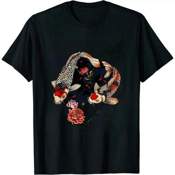COMIO Womens Koi Fish Peony Flowers Tattoo Vintage Animal Nature Graphic T-Shirt