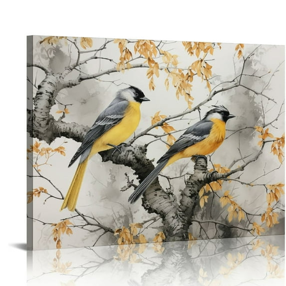 COMIO Yellow Gray Wall Art Canvas Flowers Birds Wall Decor for Living Room Bathroom Abstract Modern Floral Large Posters Print Artwork Hang Pictures for Home Decorations