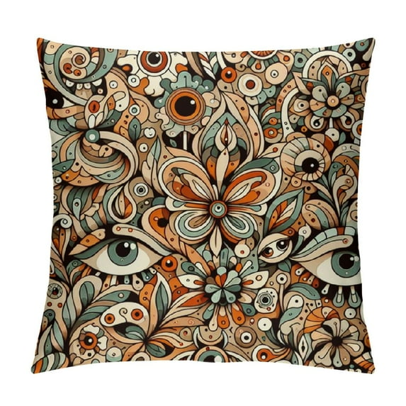 COMIO Yellow Orange Blue Mushrooms Outdoors Pillow Covers,Retro Boho Floral Decorative Throw Pillows for Couch,70s Vintage Abstract Plant Decor Cushion Cover for Bed Car Safa