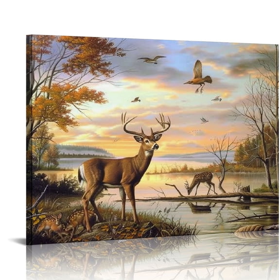 COMIO Yellow Vintage Autumn Landscape Wall Art Wildlife Canvas Print Painting Home Decor Golden Animal Deer Picture Living Dining Room Decorations Fashion Framed