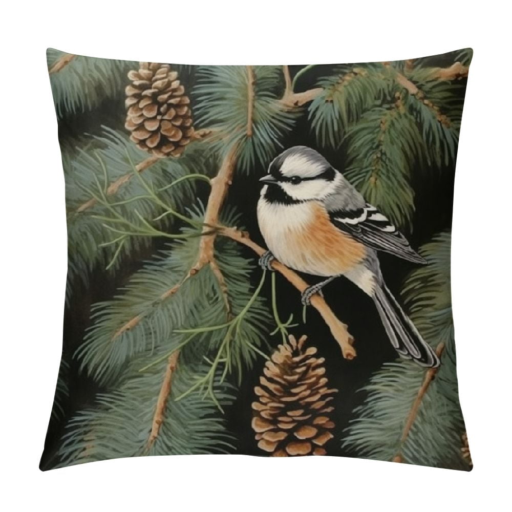 COMIO Yilooom Bird Pine Tree Pinecone Chickadees Canvas Square Throw