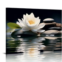 COMIO Zen Canvas Wall Art White Lotus Bloom in Water Picture Flowers Stone Spa Painting for Yoga Meditation Room Bathroom Prints Wall Decor Frame (Zen - 20x16 inch)