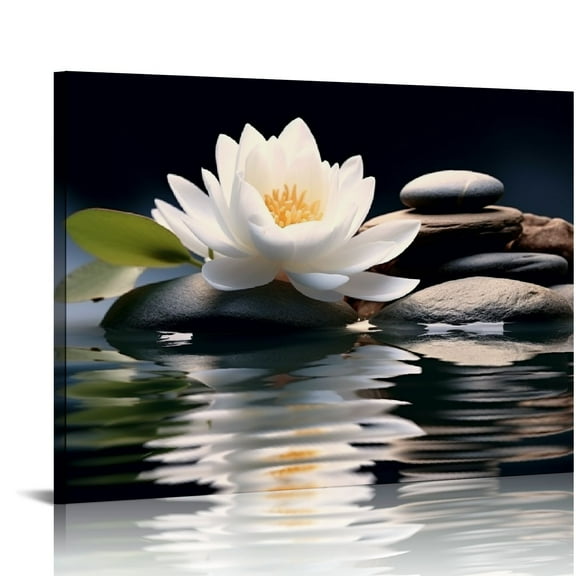 COMIO Zen Canvas Wall Art White Lotus Bloom in Water Picture Flowers Stone Spa Painting for Yoga Meditation Room Bathroom Prints Wall Decor Frame (Zen - 20x16 inch)