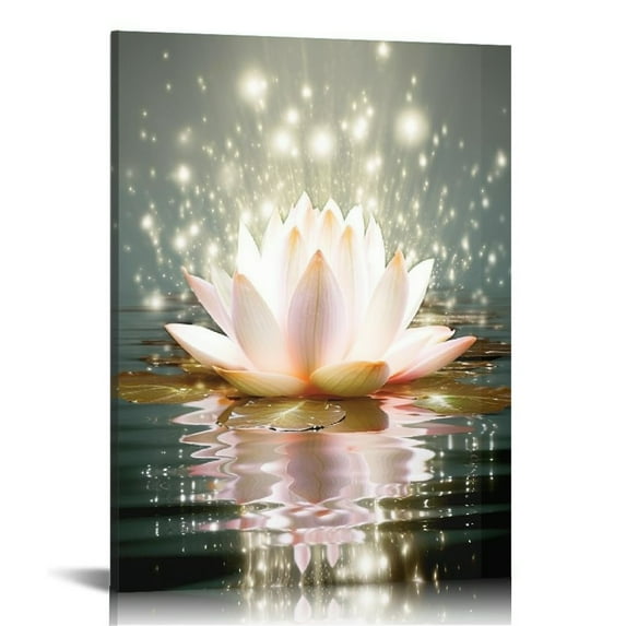 COMIO Zen Canvas Wall Art White Lotus Flower Bloom in Water Picture Prints Wall Decor Framed Grey Painting for Yoga Spa Meditation Spiritual Room Decor (12x16in)