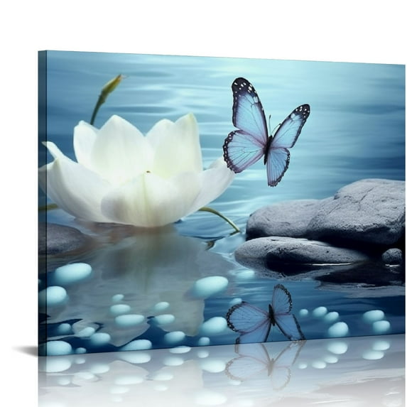 COMIO Zen Stone Canvas Wall Art White Flower and Blue Butterfly on Lake Wall Art for Bathroom Living Room Bedroom Modern Spiritual Picture Wall Decor Bedroom Wall Art