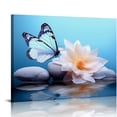 thumbnail image 1 of COMIO Zen Stone Canvas Wall Art White Flower and Blue Butterfly on Lake Wall Art for Bathroom Living Room Bedroom Modern Spiritual Yoga Spa Picture Wall Decor Framed Bedroom16x20 Inches, 1 of 4