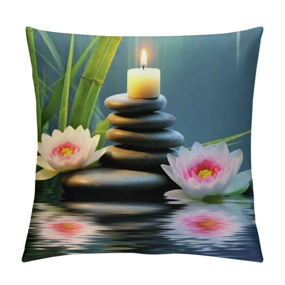 COMIO Zen Stones Pillow Covers,Outdoor Bamboo Lotus Flower Throw