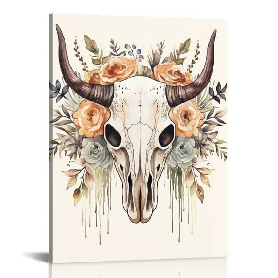 COMIO sechars Deer Antler Wall Decor Vintage Elk Skull with Flower Painting Picture Canvas Art Western Farmhouse Decorations Ready to Hang (Black, Small)