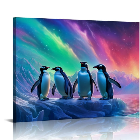 COMIO sechars Northern Lights Canvas Print Penguins on Iceberg Landscape Picture Aurora Borealis Wall Art for Living Room Home Decoration Framed Ready to Hang