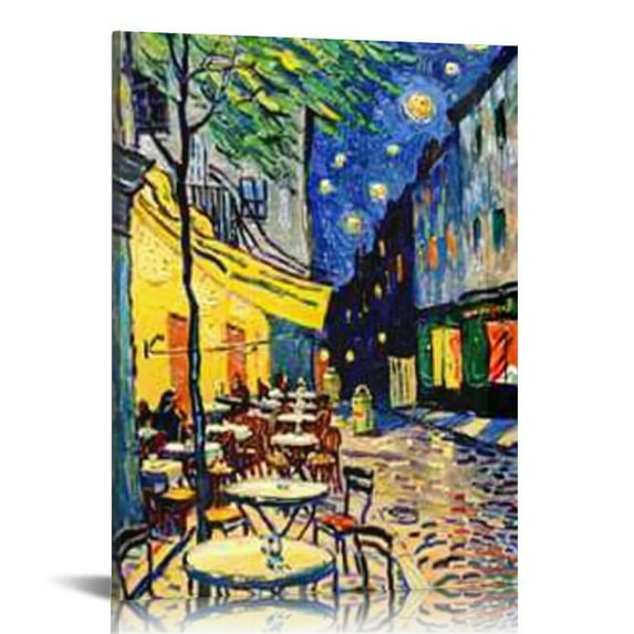 COMIO simulation painted texture on canvas painting Van Gogh Famous Classic Wall Art Café Terrace at Night Starry Night Blue Sky Made Ornate Framed UNIQUE INNOVATION Patent pending