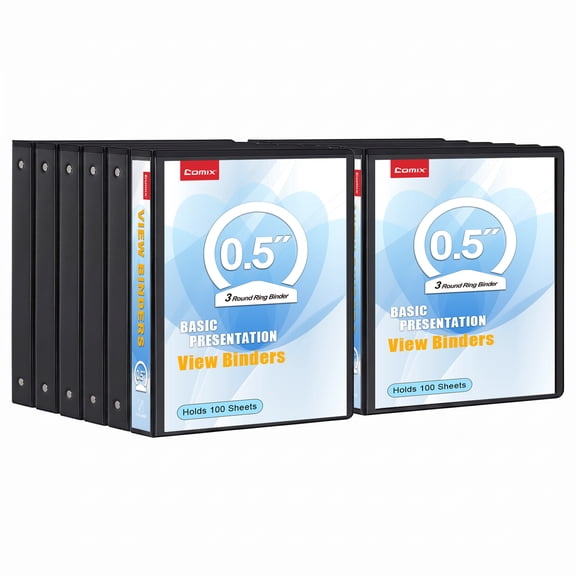 Comix Basic 1/2 inch 3 Ring Binders, 0.5" O-ring, 100-Sheet Capacity,Office Supplies, 12 Pack Black