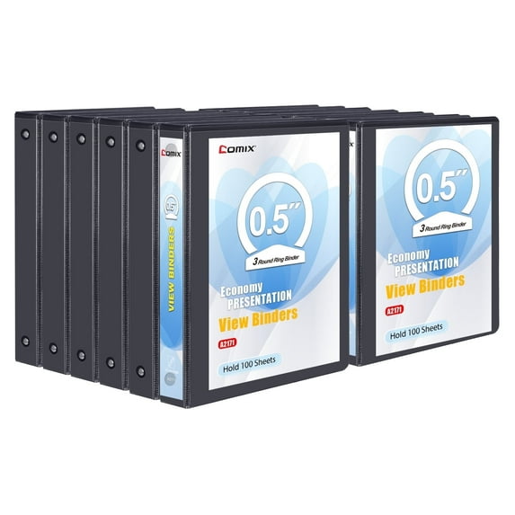 Comix Sturdy 1/2" Three Ring Binder, 0.5" O-ring, 100-Sheet Capacity,Office Supplies, 12 Pack Black