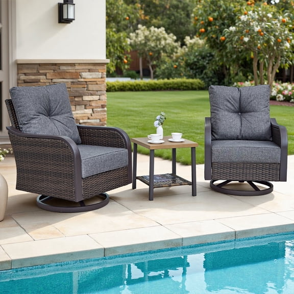 COMLAX FIELD 3-Piece Patio Furniture Set, Outdoor Wicker Swivel Rocker Chairs with 6'' Thick Cushions and Side Coffee Table