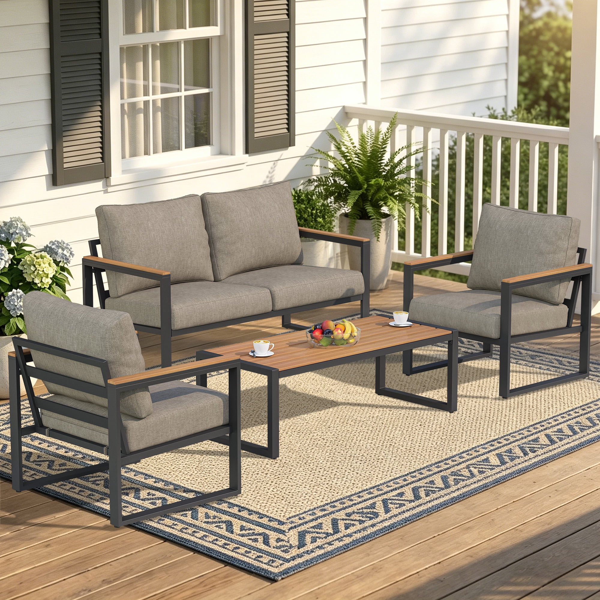 COMLAX FIELD 4-Piece Patio Furniture Set, Metal Outdoor Conversation Set with Coffee Table & Removable Cushions