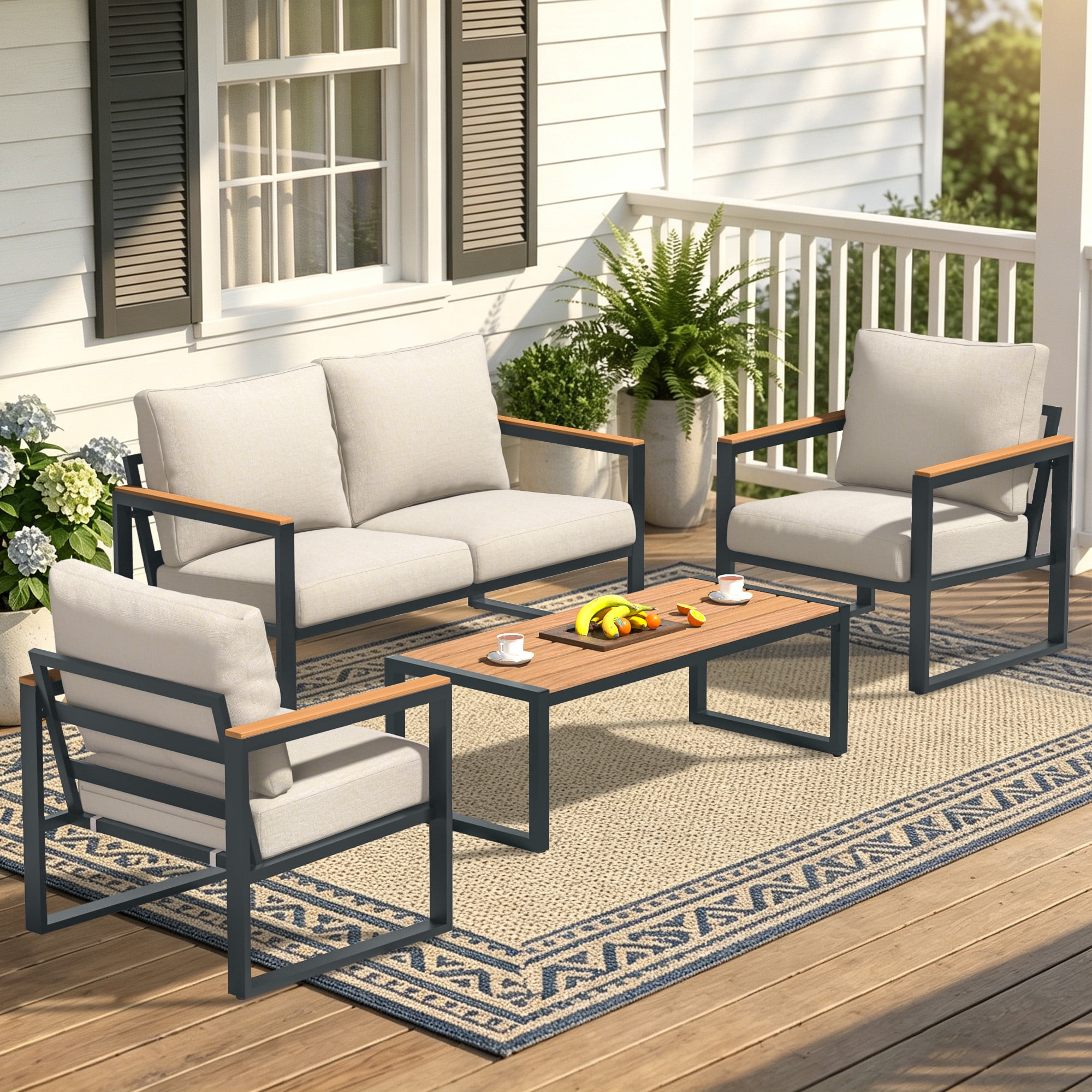 COMLAX FIELD 4-Piece Patio Furniture Set, Metal Outdoor Conversation Set with Coffee Table & Removable Cushions