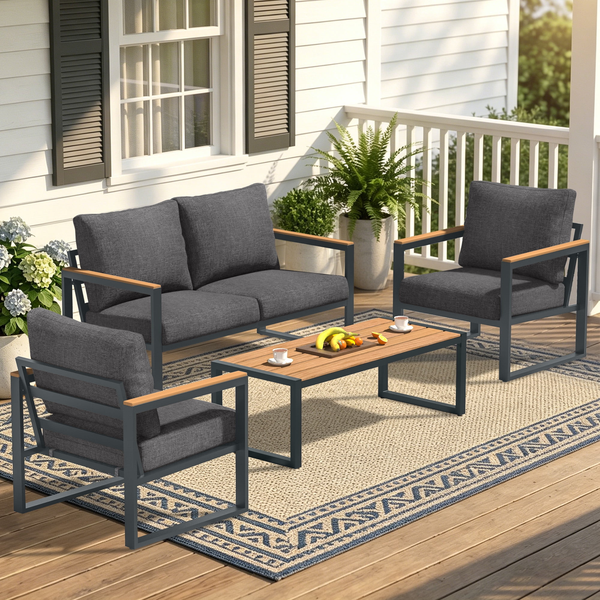 COMLAX FIELD 4-Piece Patio Furniture Set, Metal Outdoor Conversation Set with Coffee Table & Removable Cushions
