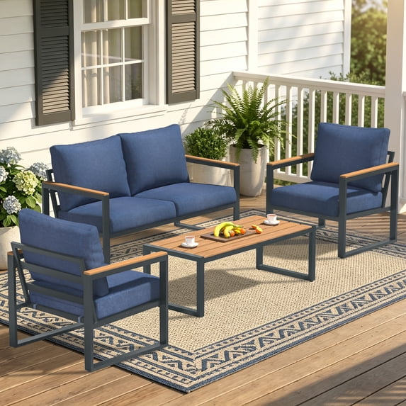 COMLAX FIELD 4-Piece Patio Furniture Set, Metal Outdoor Conversation Set with Coffee Table & Removable Cushions