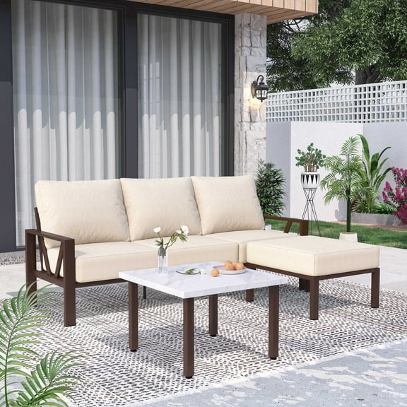 COMLAX FIELD Outdoor Furniture Set, 3-Piece Patio Couch Sectional with Ottoman, Patio Sofa Set with Thick Cushions