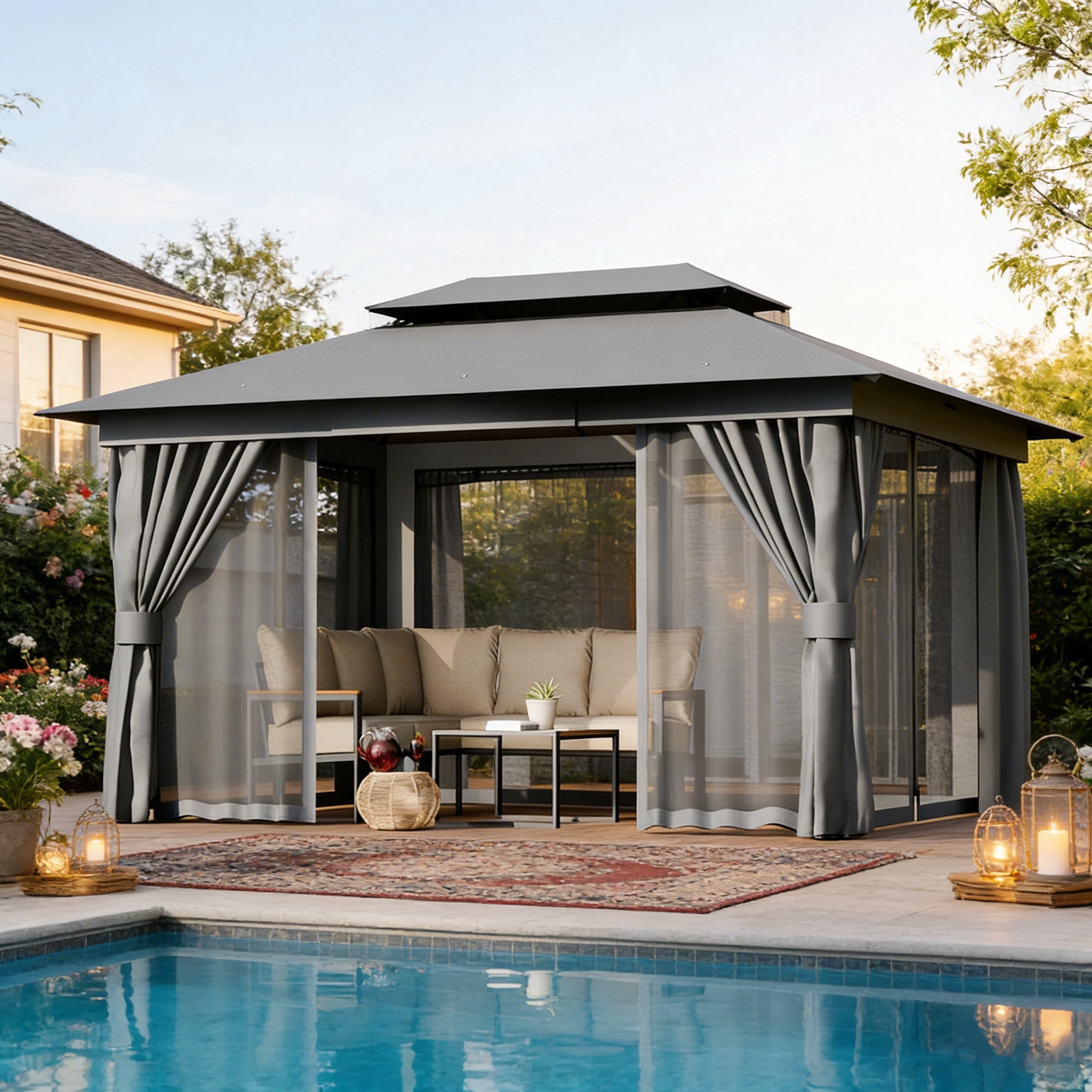 10 x 13 sun shelter with netting wilson and fisher Amazon.com : HAPPATIO 10x13 Gazebo, Patio Gazebo Mosquito Curtain, Outdoor Gazebo Canopy with Steel Canopy Support and Gray Woodgrain Finish Aluminum Frame for Deck, Garden, Yard : Patio, Lawn Stop sunburns by blocking UV and ease your eyes with its water 12x12 Pop-up Gazebo Starry Sky