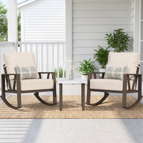 COMLAX FIELD Outdoor Rocking Chairs Set, 3-Piece Patio Furniture Set with Thick Cushions, Outdoor Conversation Bistro Set