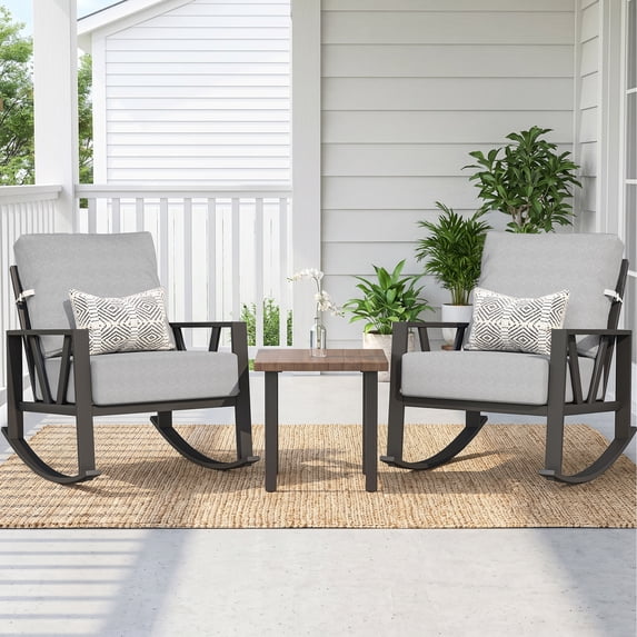 COMLAX FIELD Outdoor Rocking Chairs Set, 3-Piece Patio Furniture Set with Thick Cushions, Outdoor Conversation Bistro Set