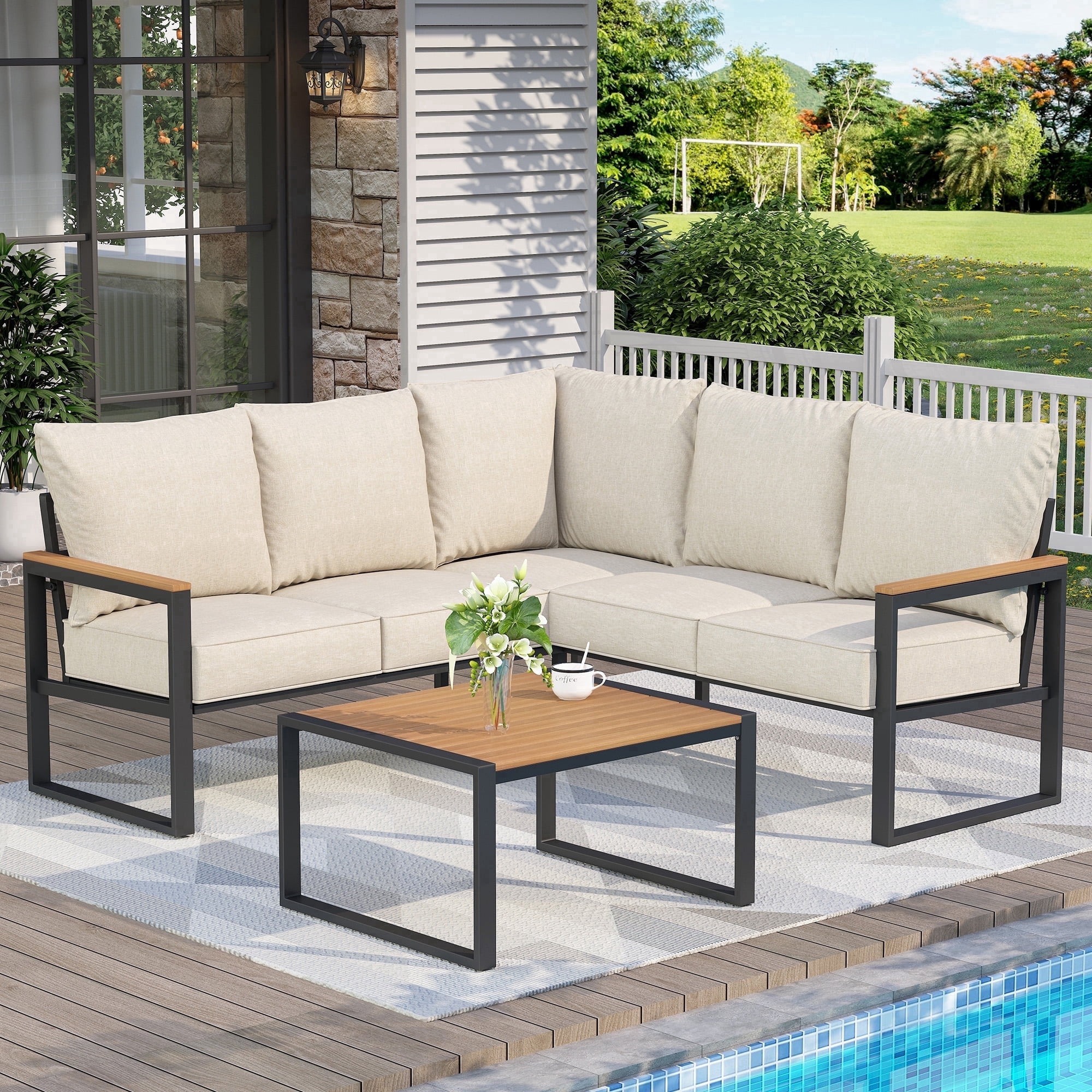COMLAX FIELD Patio Furniture Set, 6-Piece Outdoor Sectional Sofa Set, L Shape Patio Conversation Set, Outdoor Couch with Coffee Table