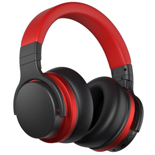 COMMALTA Active Noise Cancelling Headphones Over Ear Bluetooth 30Hrs - Deep Red