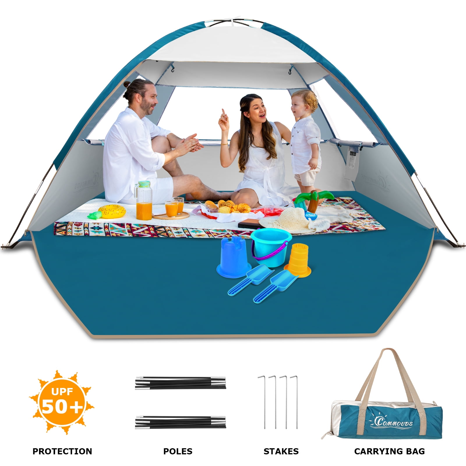COMMOUDS Beach Tent Canopy for 6-8 People With Sandbag & 4 Poles UPF50 -  Commouds