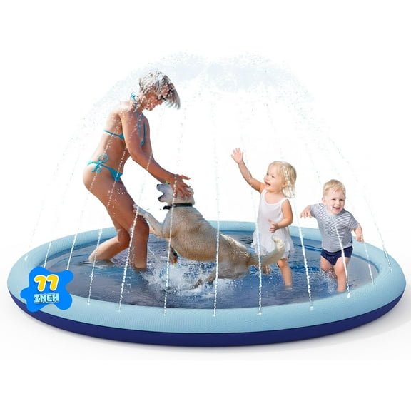 COMMOUDS Splash Pad for Kids and Dogs, Non-Slip Sprinkler Pad Thicken Pool Summer Outdoor Water Toys, Backyard Fountain Play Mat for Baby Toddlers Boys Girls Pet(77Inch)