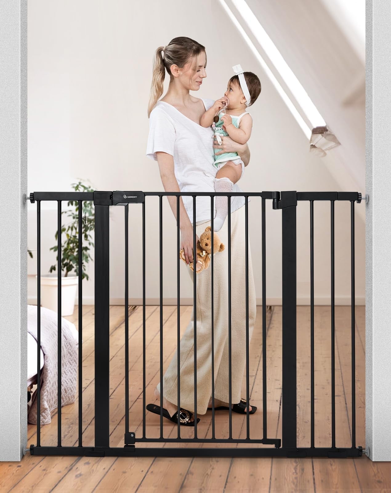 COMOMY 36" Extra Tall Baby Gate for Stairs Doorways, Fits Openings 29.5" to 48.8" Wide, Auto Close Extra Wide Dog Gate for House, Pressure Mounted Easy Walk Through Pet Gate with Door,