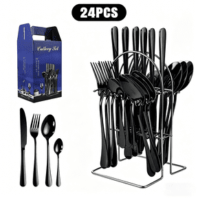 COMOPIO 24-Piece Black Stainless Steel Flatware Set – Colorful Knives, Forks & Spoons with Holder, Mirror-Polished Cutlery for 6