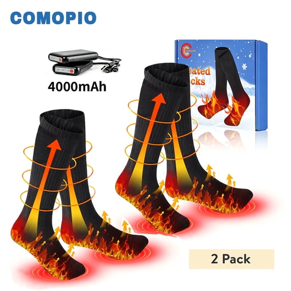 COMOPIO Heated Socks for Men Women 2‑Pack 4000mAh Rechargeable Electric Heating Socks Warm Winter Thermal Socks for Skiing Hiking Camping Hunting(3 Heating Settings)