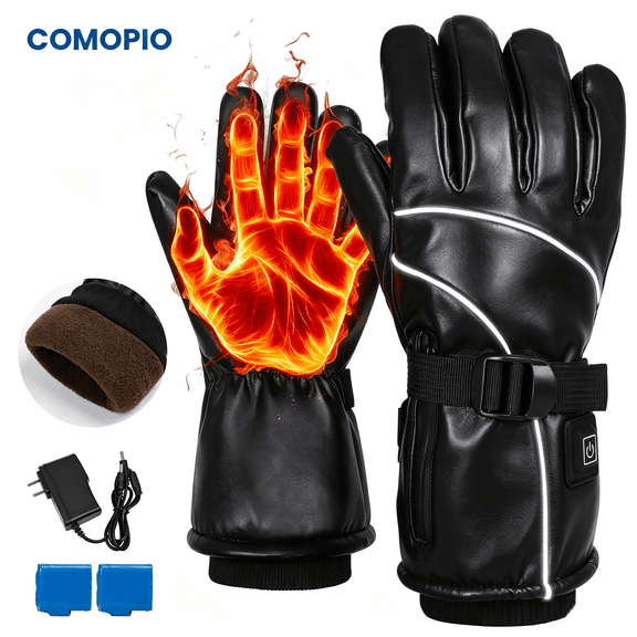 COMOPIO Rechargeable Heated Gloves for Men Women, 3600mAh*2 Electric Heating Winter Gloves, Waterproof Touchscreen Non‑Slip Gloves for Skiing Motorcycle Hunting Hiking Camping Cold Weather, Black