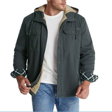 COMOREBI Jackets for Men Plush Fleece Extra Thick Stand Collar Drawstring Pocket Button Long Sleeve Mens Hooded Casual Outwear & Jacket