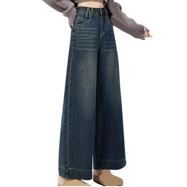 COMOREBI Jeans for Women Trendy High Waist Pocket Zipper Button Wide Legs Jeans Pants Blue M