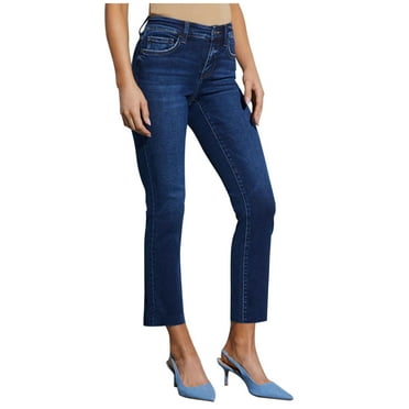 COMOREBI Womens Jeans Trend Solid Color Button Zipper with Pockets Close-fitting Elasticity Length Casual Denim Trousers for Women Dark Blue M