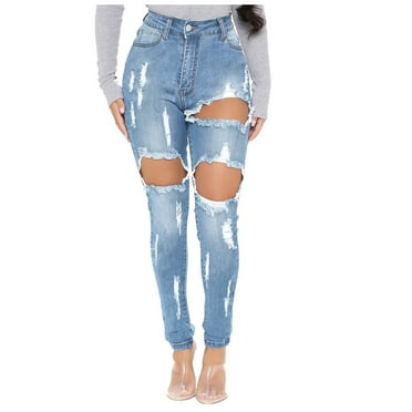 COMOREBI Womens Jeans Trend Women Button High Waist with Pocket Hole Casual Denim Trousers for Women Light blue L