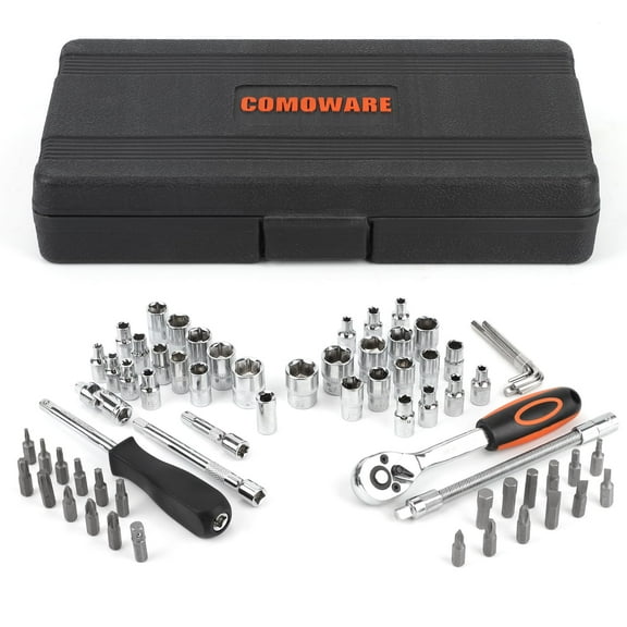 COMOWARE 69pcs Small Socket Set (1/4'' & 3/8''), Metric & Standard Socket Wrench Set, Ratchet Wrenches Set with Extension Bar, 72T Ratchet Wrench, Ratchet Sets for Auto Repairing & Home Use