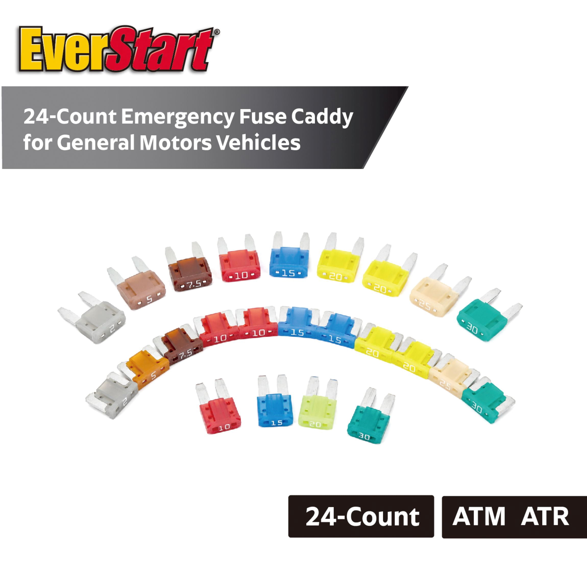 EverStart 24 Piece Emergency Fuse Caddy for GM Models Post-2000 with Color Coded Amp Ratings
