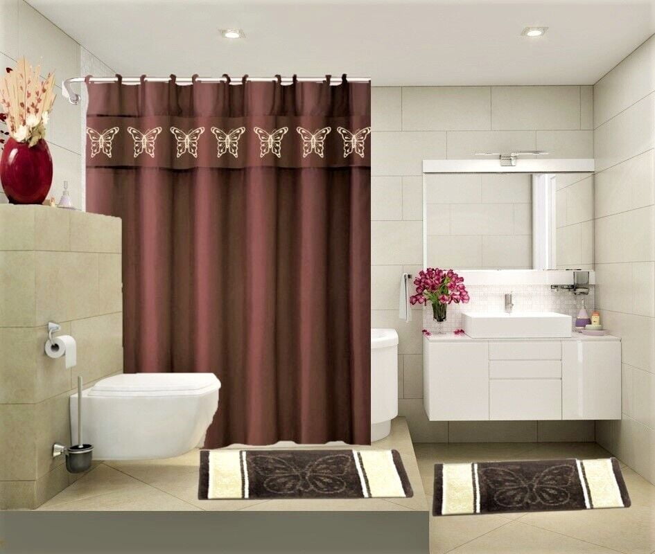 COMPLETE BATHROOM SET 2 BATH MATS 1 SHOWER CURTAIN &FABRIC HOOKS