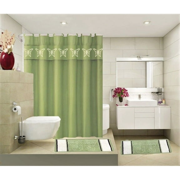 COMPLETE BATHROOM SET 2 BATH MATS 1 SHOWER CURTAIN &FABRIC HOOKS