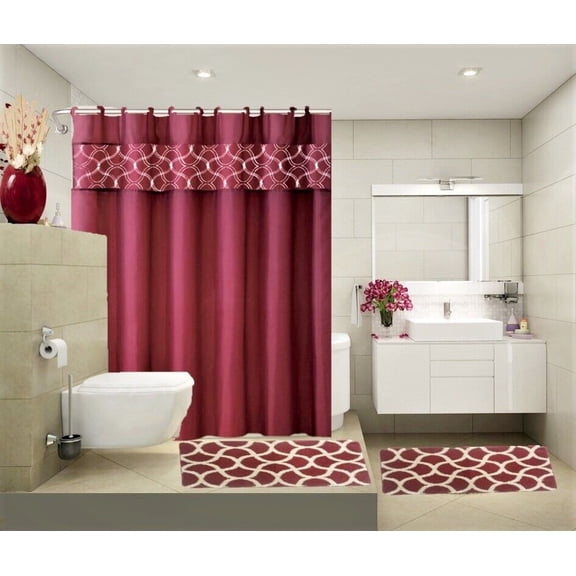 COMPLETE BATHROOM SET 2 BATH MATS 1 SHOWER CURTAIN &FABRIC HOOKS