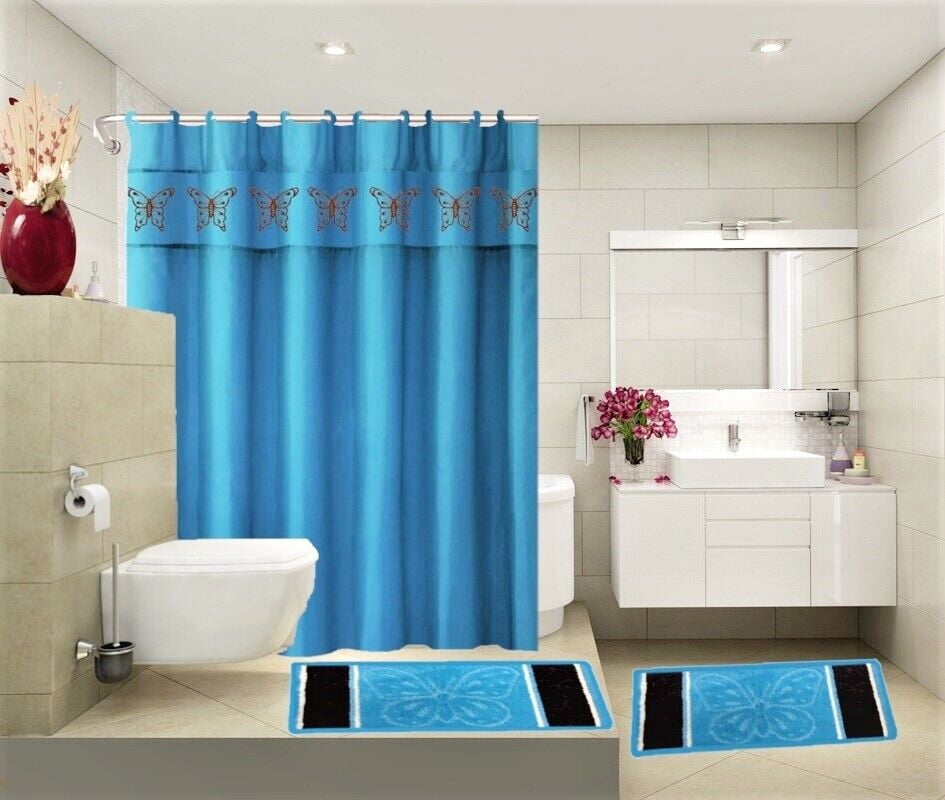 COMPLETE BATHROOM SET 2 BATH MATS 1 SHOWER CURTAIN &FABRIC HOOKS