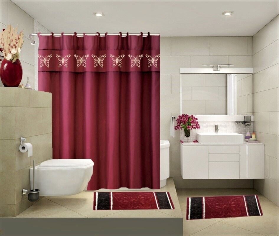COMPLETE BATHROOM SET 2 BATH MATS 1 SHOWER CURTAIN &FABRIC HOOKS