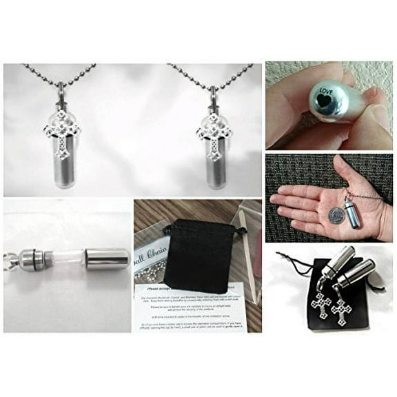 COMPLETE SET OF TWO FILIGREE CROSS CREMATION URNS with Laser Engraved HEARTS - Includes 2 Velvet Pouches, 2 Ball-Chain Necklace & Fill Kit