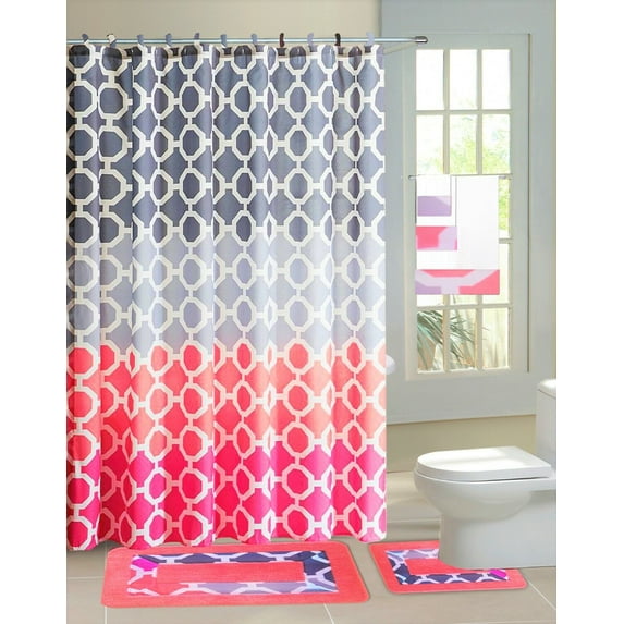 COMPLETE SET SHOWER CURTAIN W/HOOKS + BATHROOM MAT RUG NEW DESIGNS 15PC