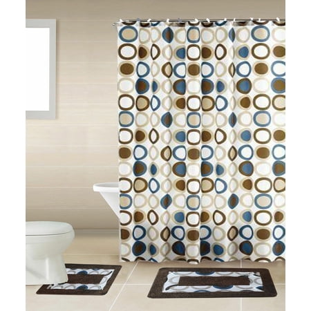 COMPLETE SET SHOWER CURTAIN W/HOOKS + BATHROOM MAT RUG NEW DESIGNS 15PC