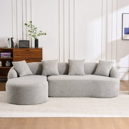 COMPRESSION SOFA, Combining Chaise Longue with 3-seater, Wood Grain Chenille Fabric, Full Sponge Compression Sofa, Combined Sofa with 4 Pillows for Living, Home Furniture, Apartment