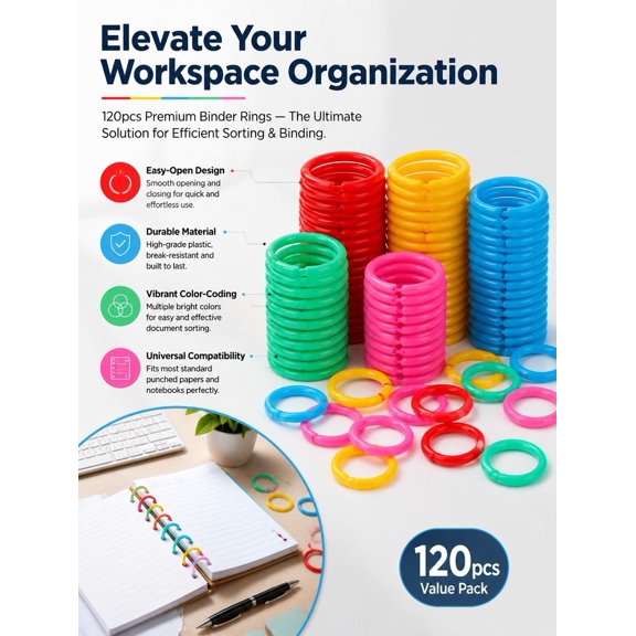 COMPUKAS 120pcs Plastic Binder Rings Book Rings for Papers and Flashcards